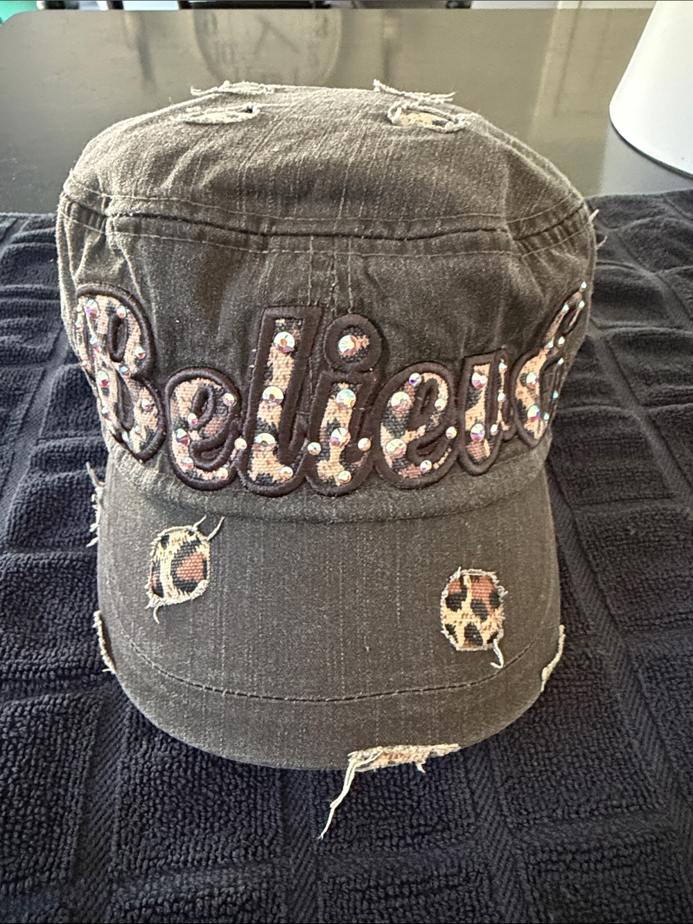 Distressed Sequin 'Believe' Military Cap - green